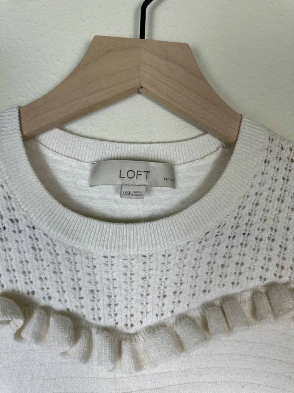 LOFT Women XXS‎ Cottage Core Pointelle White Knit Ruffle Sleeve Sweater Shirt